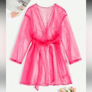 SHEIN Pink Sheer Wrap Robe Intimates